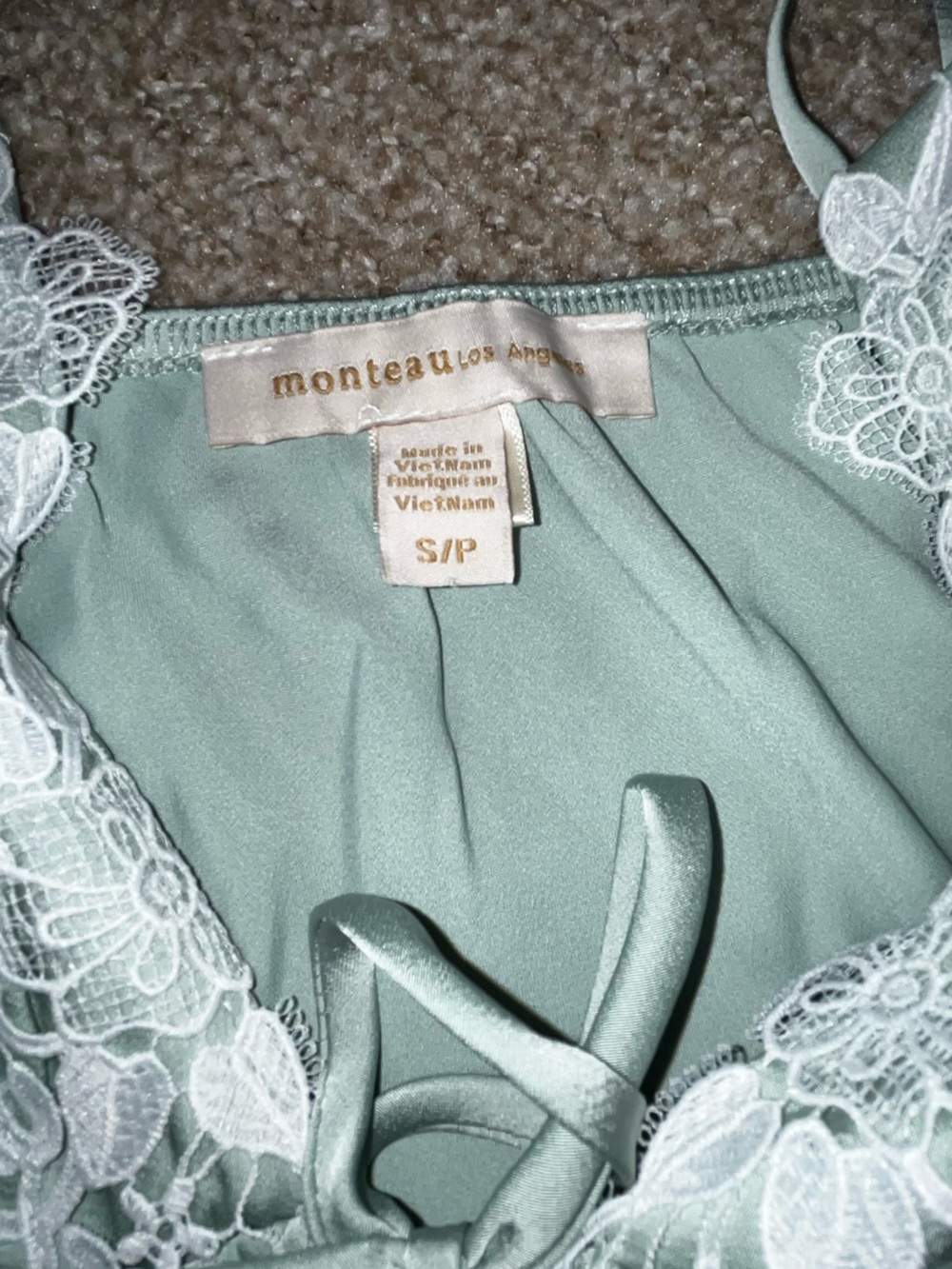 Monteau Sage Green Satin Slip with White Lace Trim - Picture 3 of 3
